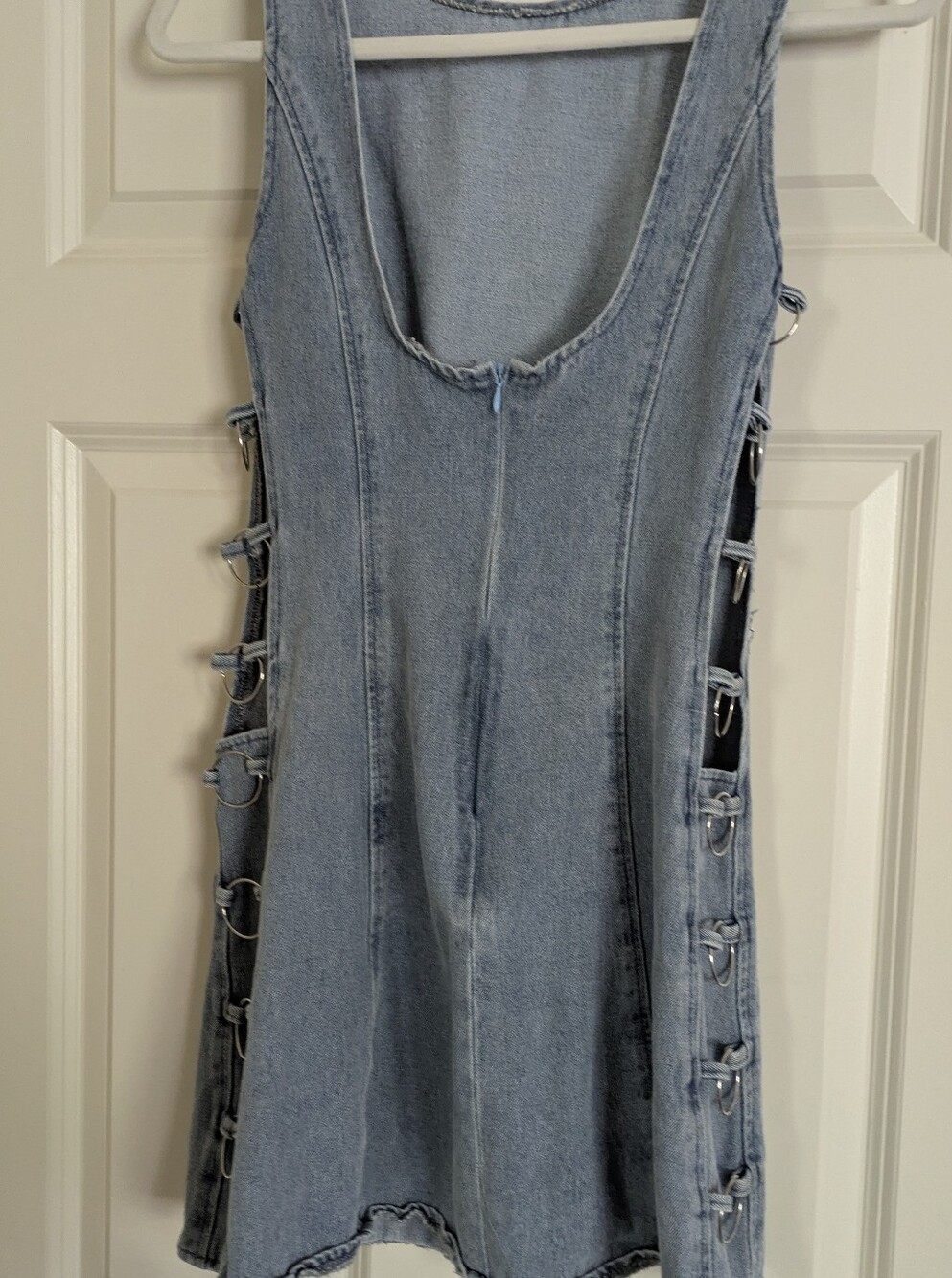 Sleeveless Blue Denim Mini Dress with Side Ring Detail - Picture 2 of 6